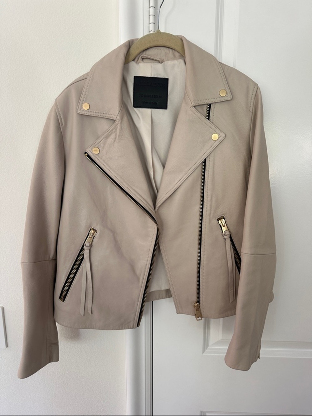 All Saints Taupe Leather Moto Jacket with Gold Hardware